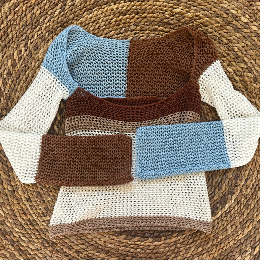 Crochet Long Sleeve Top (Brown, Blue & White)